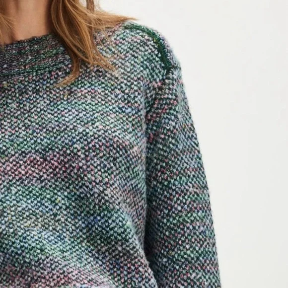 Free People Cotton Candy Pullover Blue Green Crew Neck Sweater Relaxed Fit Large - Picture 5 of 5